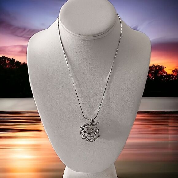 Vintage Apple Pendant Necklace Open Work Filigree Cage Clasp Opens Silver Tone. - Picture 15 of 16